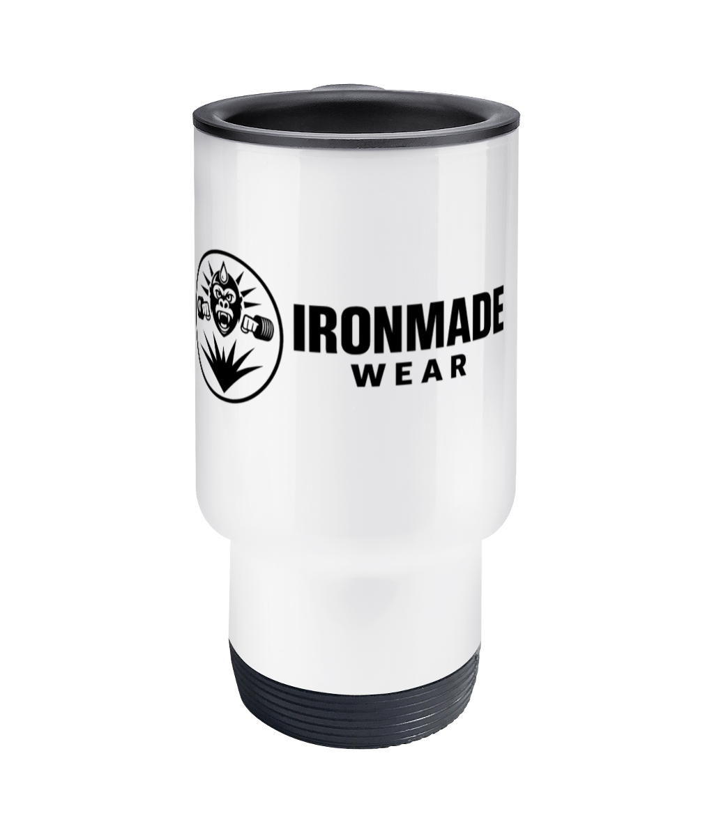 White 14oz travel mug with spill‑resistant lid — Ironmade Wear