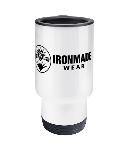 White 14oz travel mug with spill‑resistant lid — Ironmade Wear
