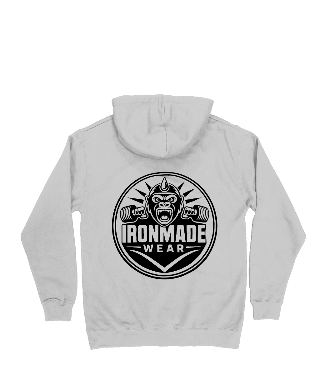 Back- Womens double logo hoodie in Heather Grey
