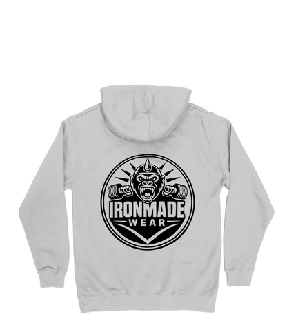 Back- Womens double logo hoodie in Heather Grey