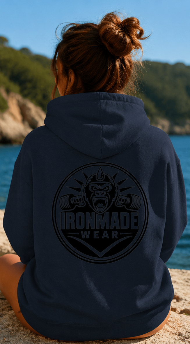 Back- Womens double logo hoodie in New French Navy