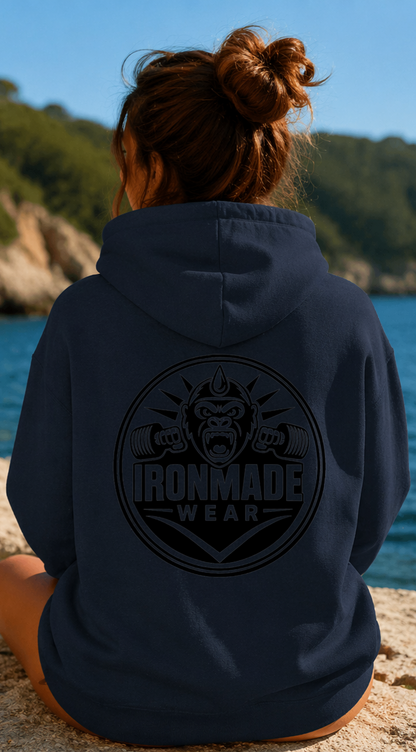 Back- Womens double logo hoodie in New French Navy