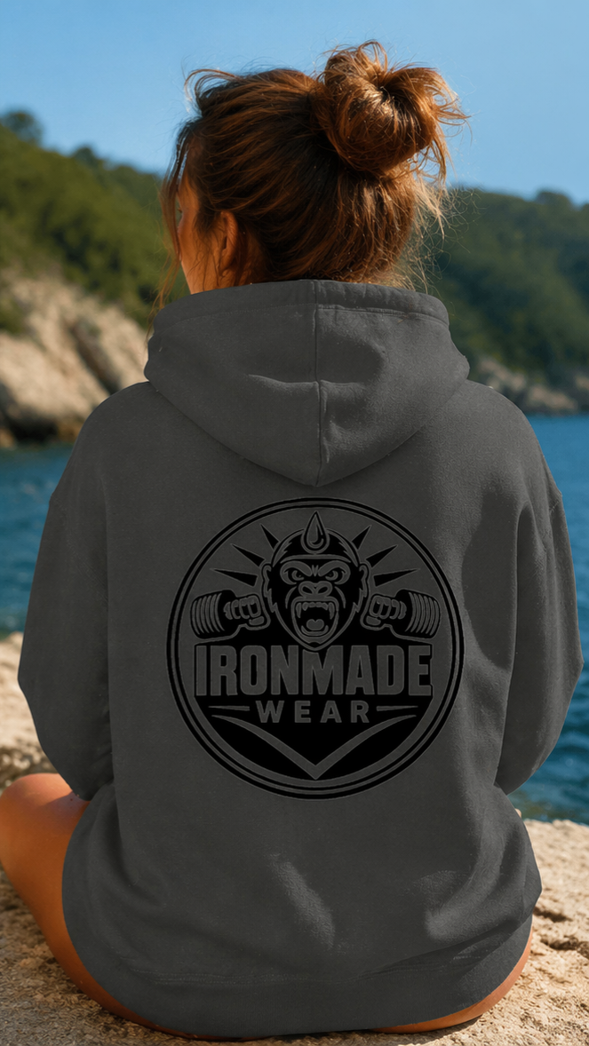 Back- Womens double logo hoodie in Charcoal