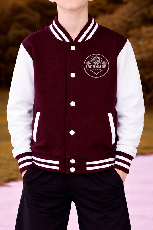 Kids varsity jacket in Burgundy/Heather Grey – classic letterman style jacket for children