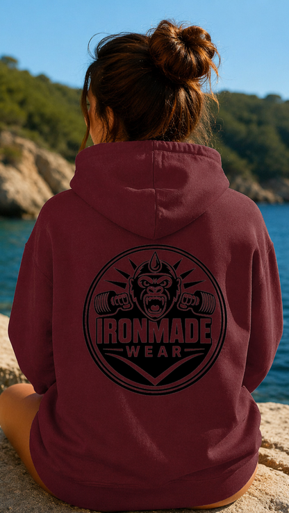 Back- Womens double logo hoodie in Burgundy