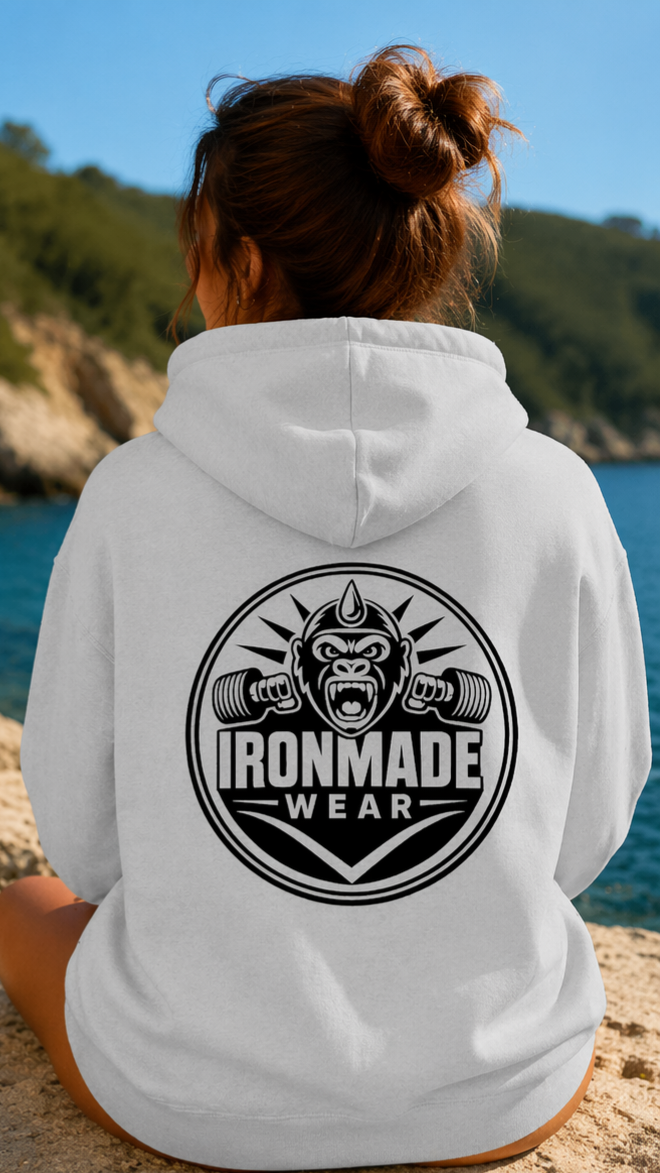 Back- Womens double logo hoodie in Heather Grey