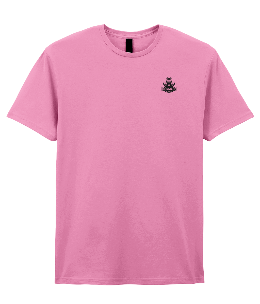 Front- Azalea: Men’s double logo ringspun T‑shirt in Azalea
