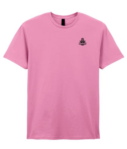 Front- Azalea: Men’s double logo ringspun T‑shirt in Azalea