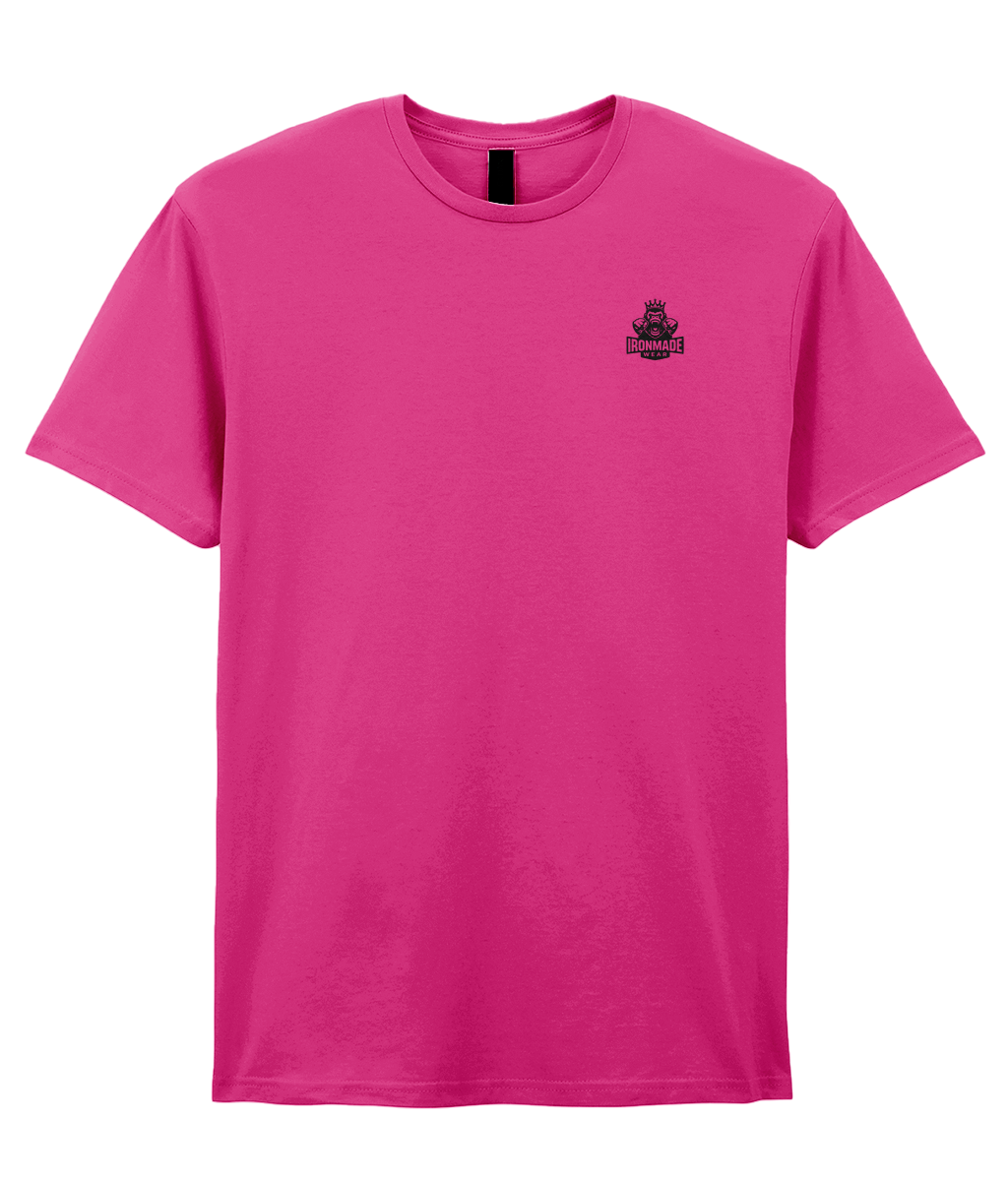 Front- Heliconia: Men’s double logo ringspun T‑shirt in Heliconia