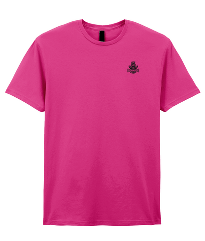 Front- Heliconia: Men’s double logo ringspun T‑shirt in Heliconia