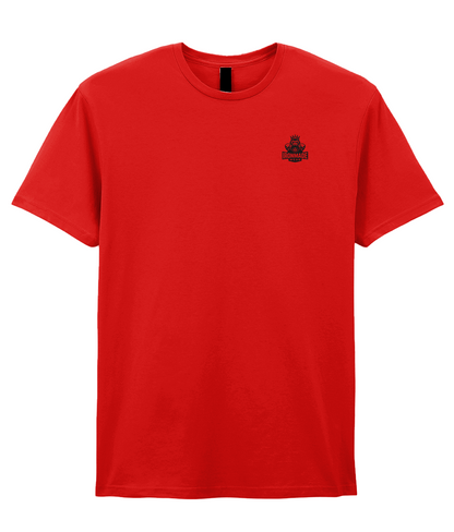 Front- Red: Men’s double logo ringspun T‑shirt in Red