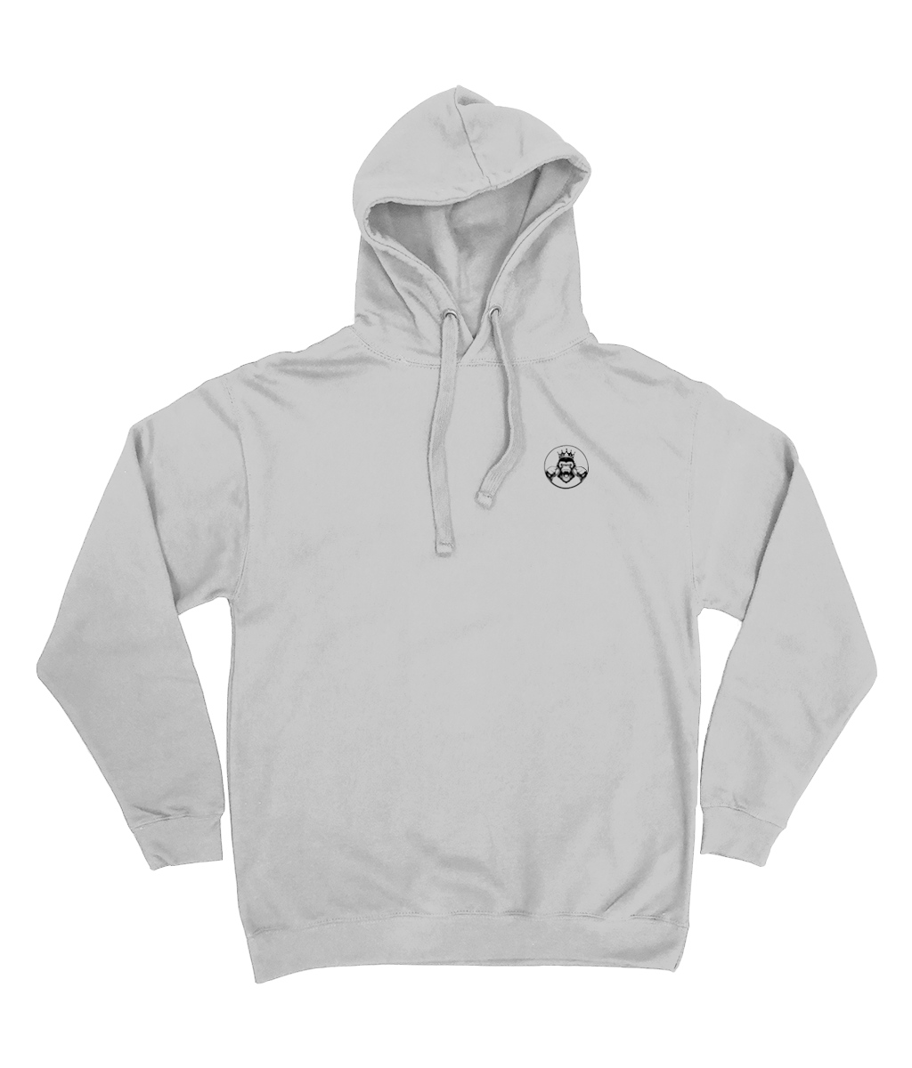Front Side- Womens double logo hoodie in Heather Grey