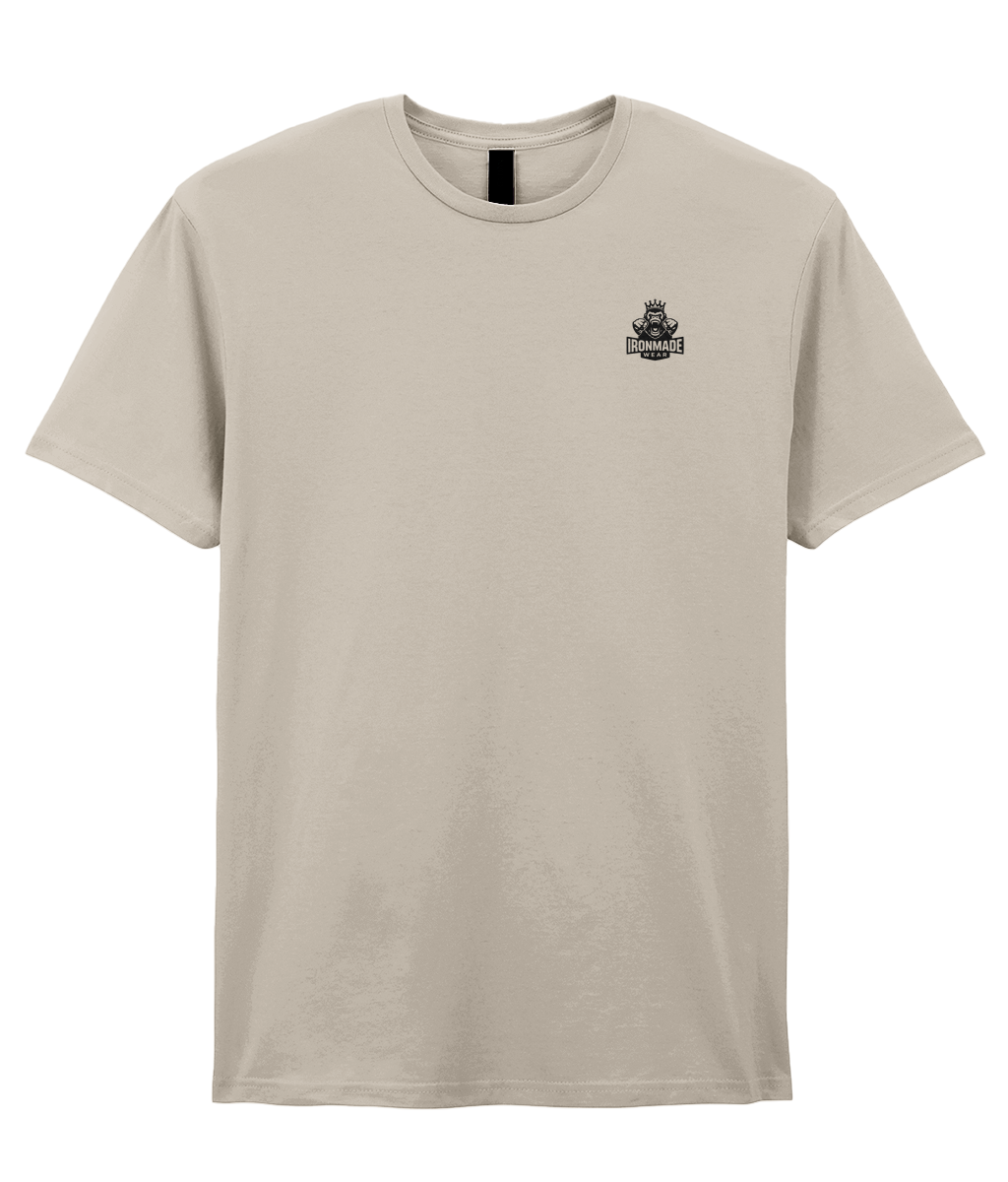 Front- Sand: Men’s double logo ringspun T‑shirt in Sand