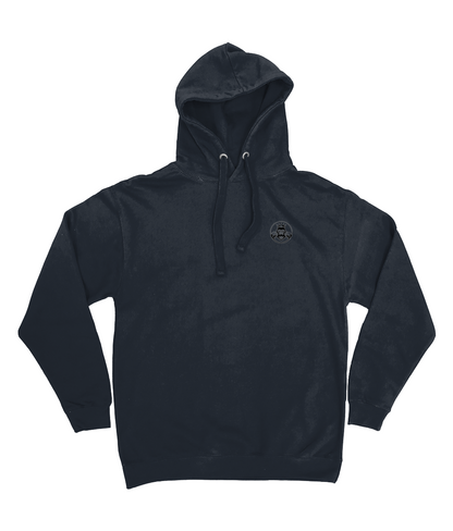 Front Side- Womens double logo hoodie in New French Navy